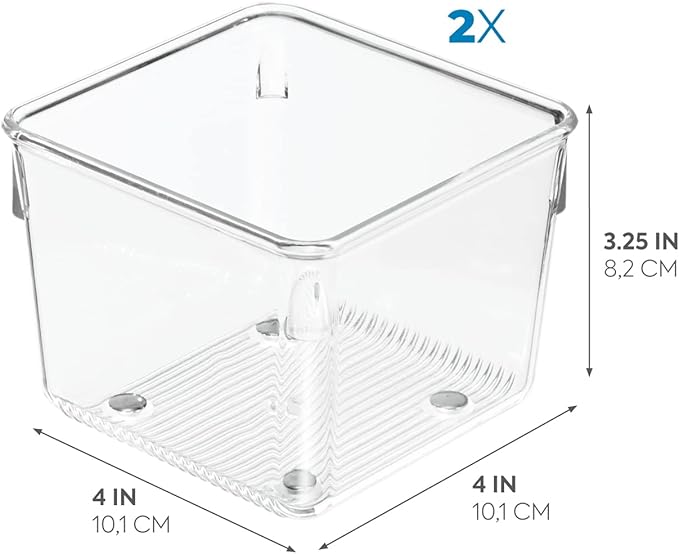 iDesign Linus Plastic Kitchen Drawer Organizer for Silverware, Spatulas, Cutlery, Gadgets, Office Supplies, Cosmetics, 4" x 4" x 3", Set of 2, Clear