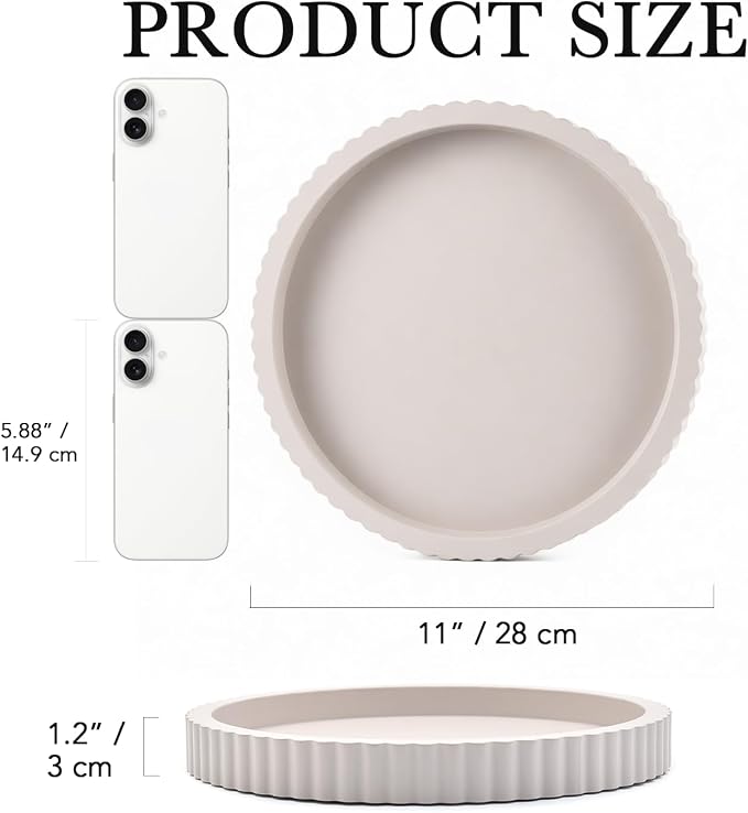 Modern Decorative Tray for Coffee Table, 11" Wooden Gray Beige Round Small Decor Tray for Candle, Perfume, Vanity, Kitchen Island Counter & Table Centerpiece