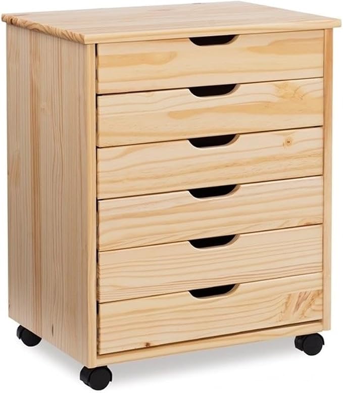 Linon Callie Multipurpose Six Drawer Dresser Wide Wood Rolling File Cabinet Storage Cart in Natural