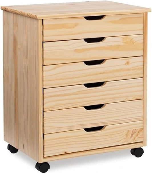 Linon Callie Multipurpose Six Drawer Dresser Wide Wood Rolling File Cabinet Storage Cart in Natural