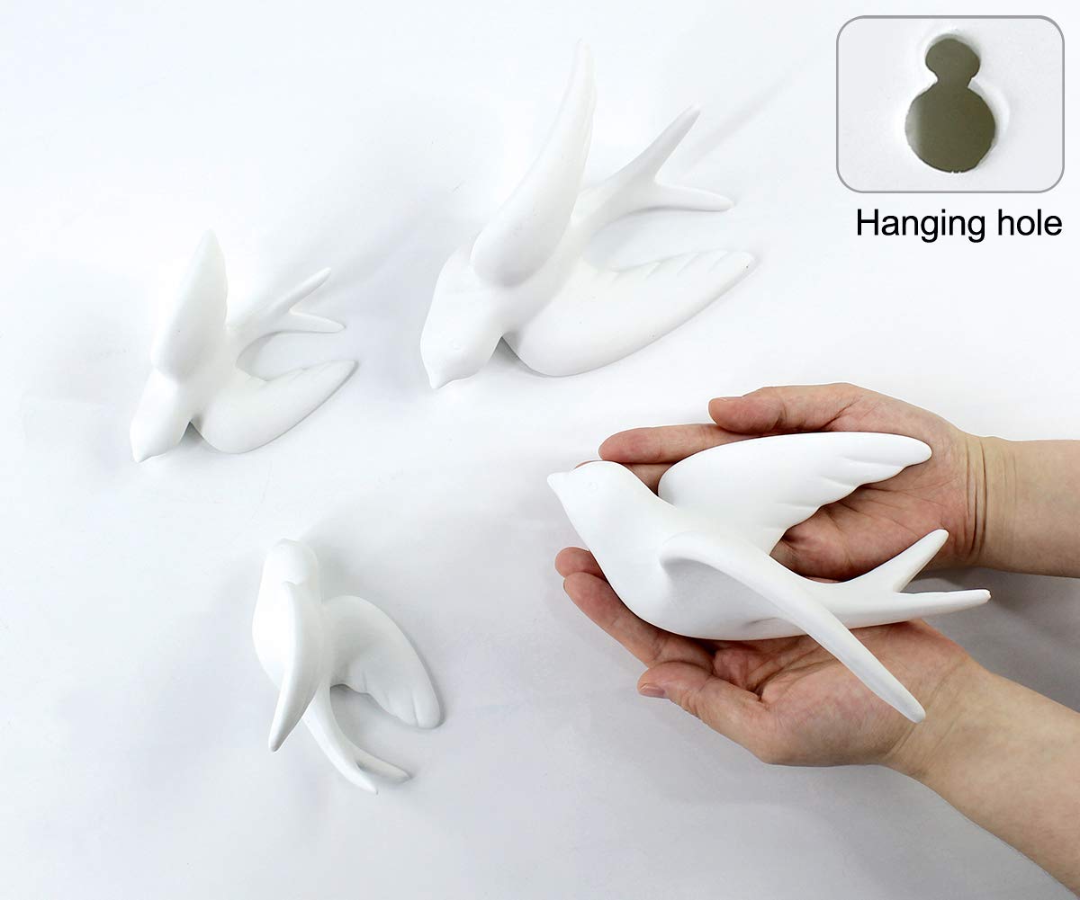 FANWNKI Ceramic Flying Birds Sparrows Wall Mount Hanging Decor-White-2Pack,Right