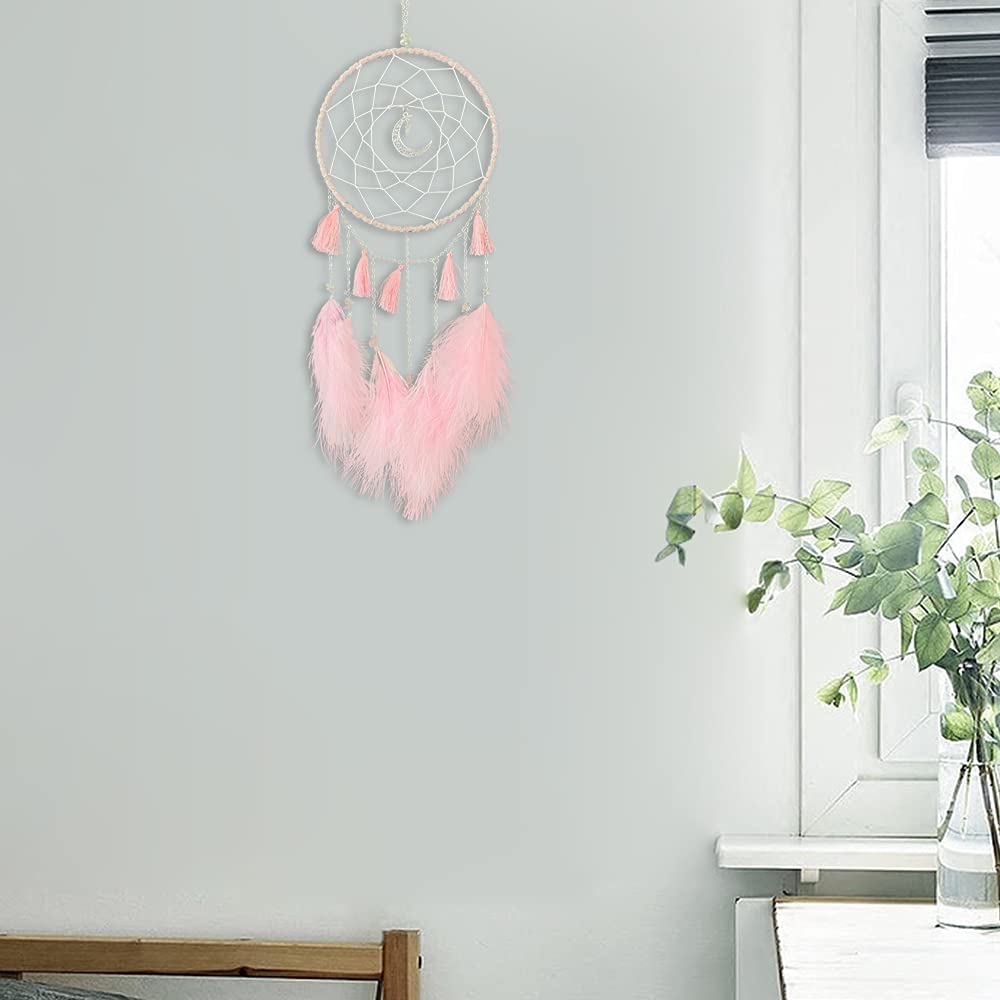 Dream Catcher Handmade Pink Feather Native American Circular Net for Boys Bedroom Wall Hanging Dream Catcher for Girls Kids Nursery Bedroom Decoration Blessing Gift (Pink)