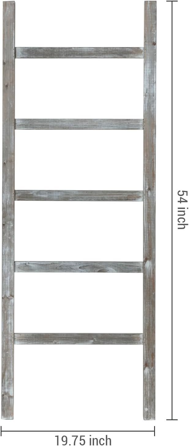 MyGift 54 inch Tall Fully Assembled Wood Blanket Ladder, 5-Tier Wall Leaning Towel Rack, No Assembly, Whitewashed
