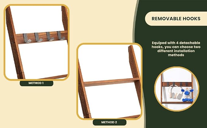 Decorative Wooden Blanket Ladder with Removable Hooks for The Living Room & Bedroom, Pine Wood, Easy Assembly 6-Tier Wall Leaning Rack Stand 68 inch for Displaying Blankets & Scarves, Brown