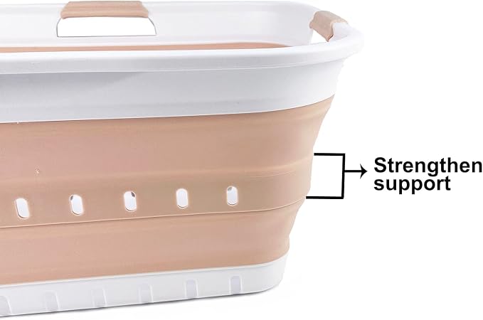 SAMMART 42L (11 gallon) Collapsible Plastic Laundry Basket - Foldable Pop Up Storage Container/Organizer - Space Saving Hamper/Basket (White/Beige)