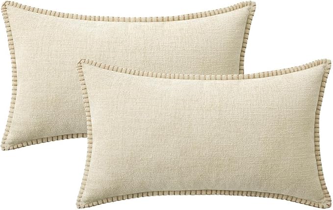 MIULEE Pack of 2 Lumbar Throw Pillow Covers 12x20 Inch Cream White Farmhouse Decorative Pillow Covers with Stitched Edge Soft Chenille Solid Dyed Pillow Covers for Couch Sofa Bed Living Room