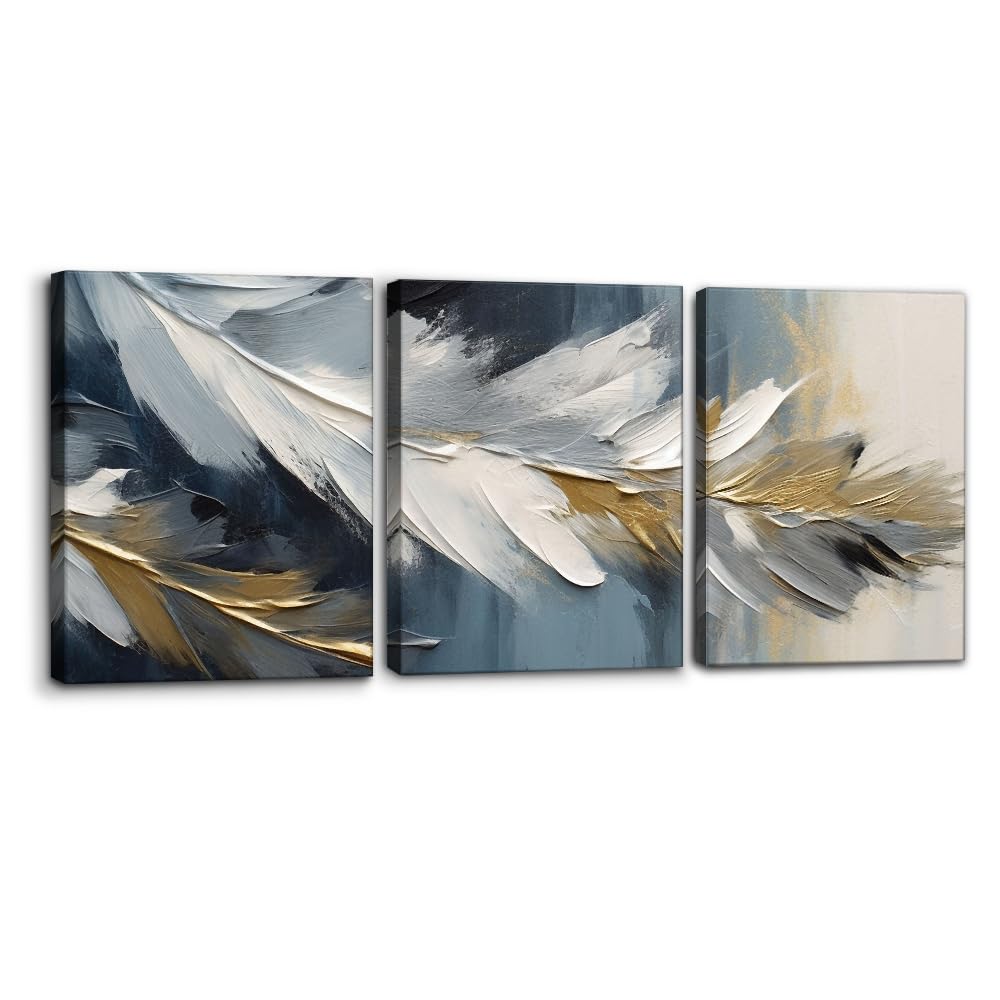 Pacimo Abstract Canvas Wall Art, Set of 3 Framed Painting Prints, Feather Pictures Modern Wall Decor for Living Room Bedroom Office Home Decor Ready to Hang - 12"x16"x3 Panels