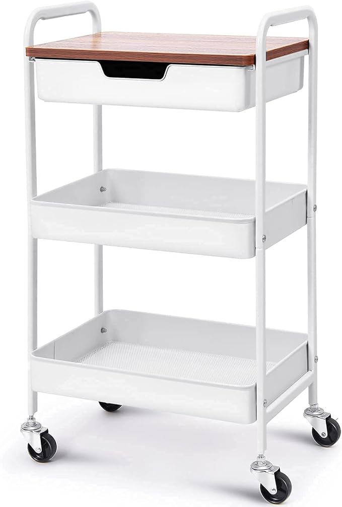 TOOLF 3 Tier Metal Utility Rolling Cart - White Storage Cart with Drawer and Wooden Table Top, Trolley Kitchen Organizer Rolling Desk with Locking Wheels for Office, Classroom, Home, Bedroom