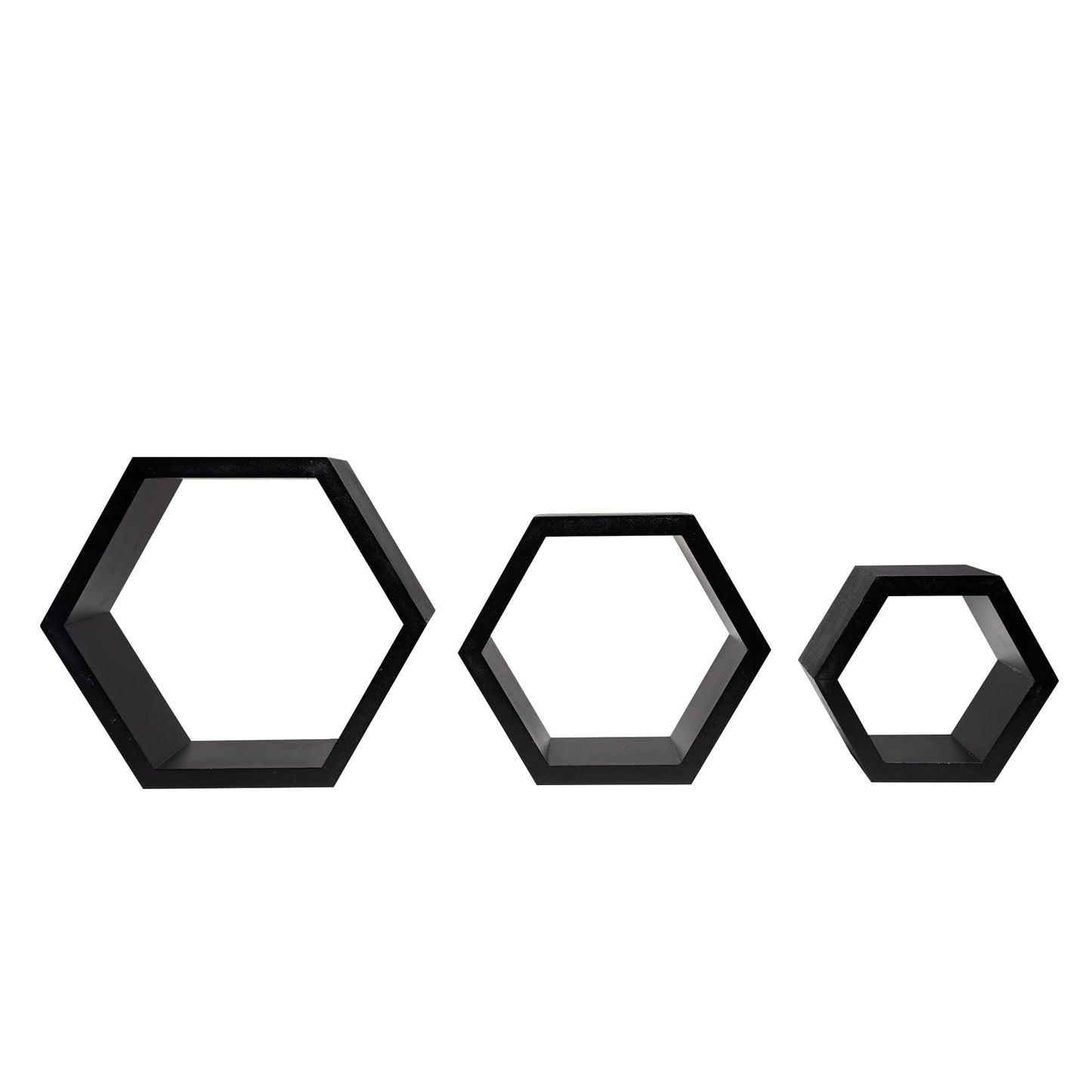 DD DEFINED DECO Set of 3 Pine Wood Hexagon Shelves for Wall Decor,Wall Mounted Floating Shelves,Farmhouse Honeycomb Living Room,Hanging Rustic Shelf Racks Bedroom,Nursery, Black, (B2C230007-3SET)