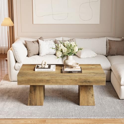 LITTLE TREE Farmhouse Coffee Table, 47 Inches Wooden Rectangular Accent Center Tables with Thick Base, Modern Low Cocktail Tea Furniture for Living Room (Rustic Brown)