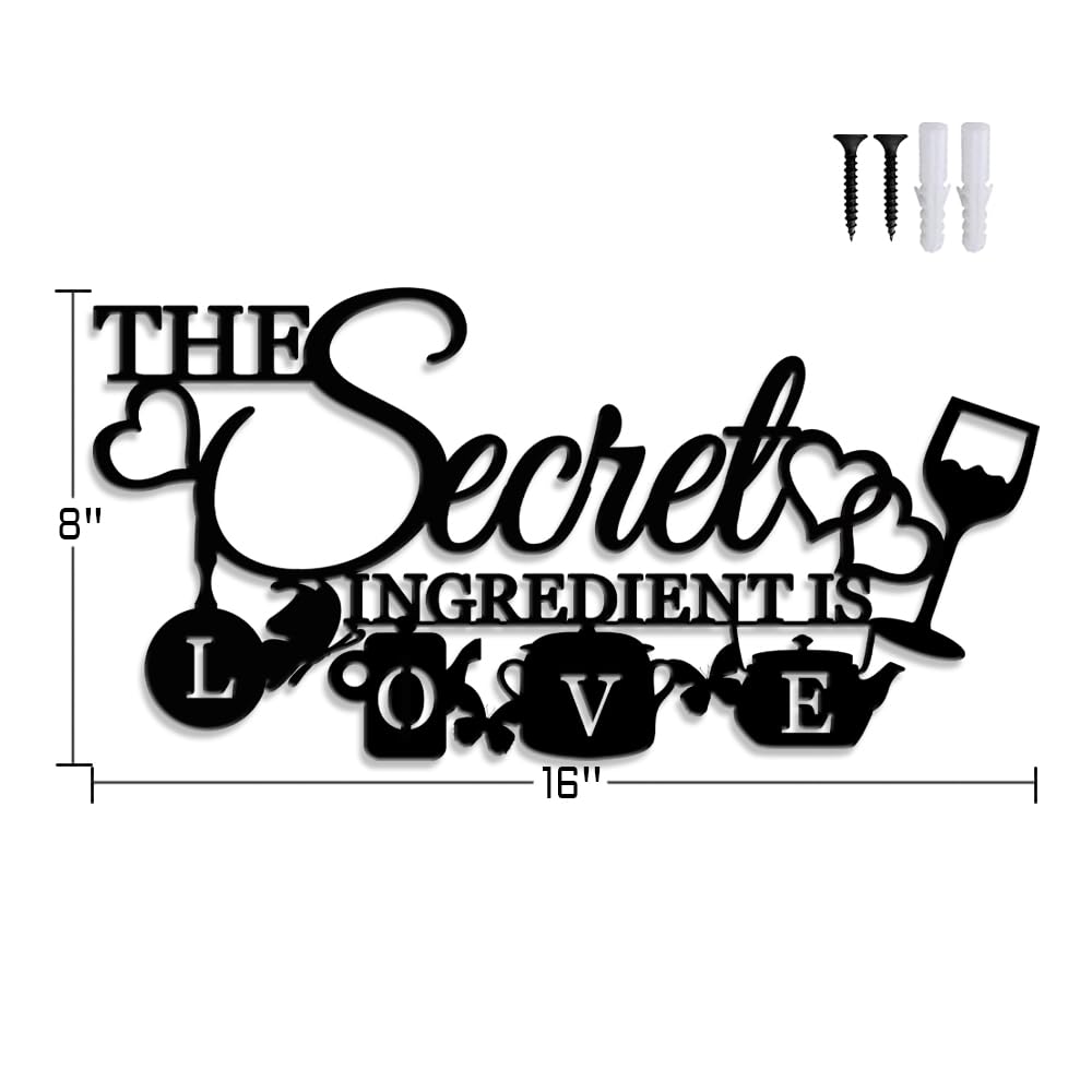 XORT The Secret Ingredient is Love Metal Wall Art Sign, Farmhouse Dining Room Kitchen Wall Decor Housewarming Gift Counter Pantry Sign. (Black -16 x 8 inch)
