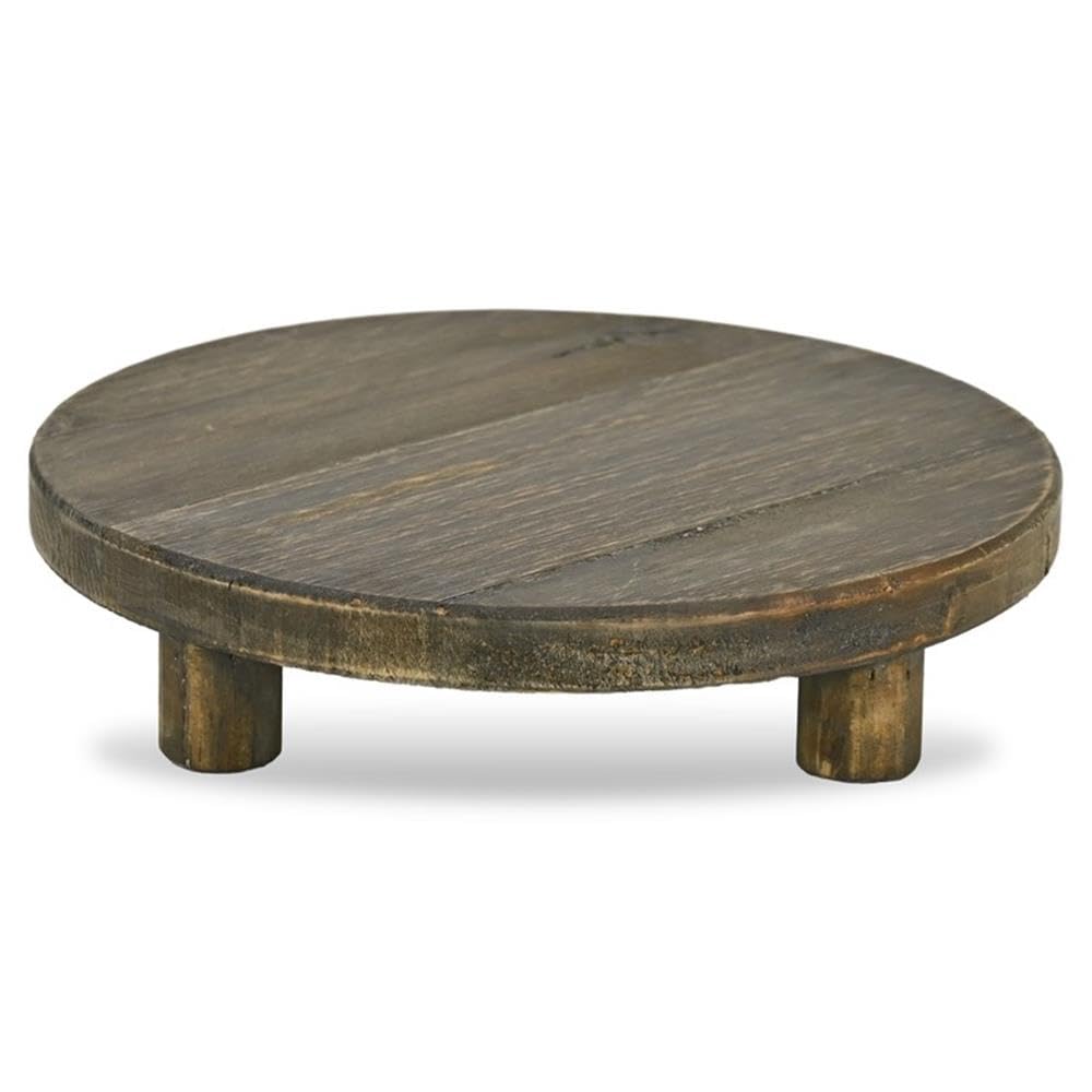Pemberly Row 11.75" Round Wood Accent Stand, Dark Brown Finish, Handcrafted with 3-Leg Design, Rustic Style Tabletop Display Shelf for Plants, Candles, or Decor in Living Room or Office