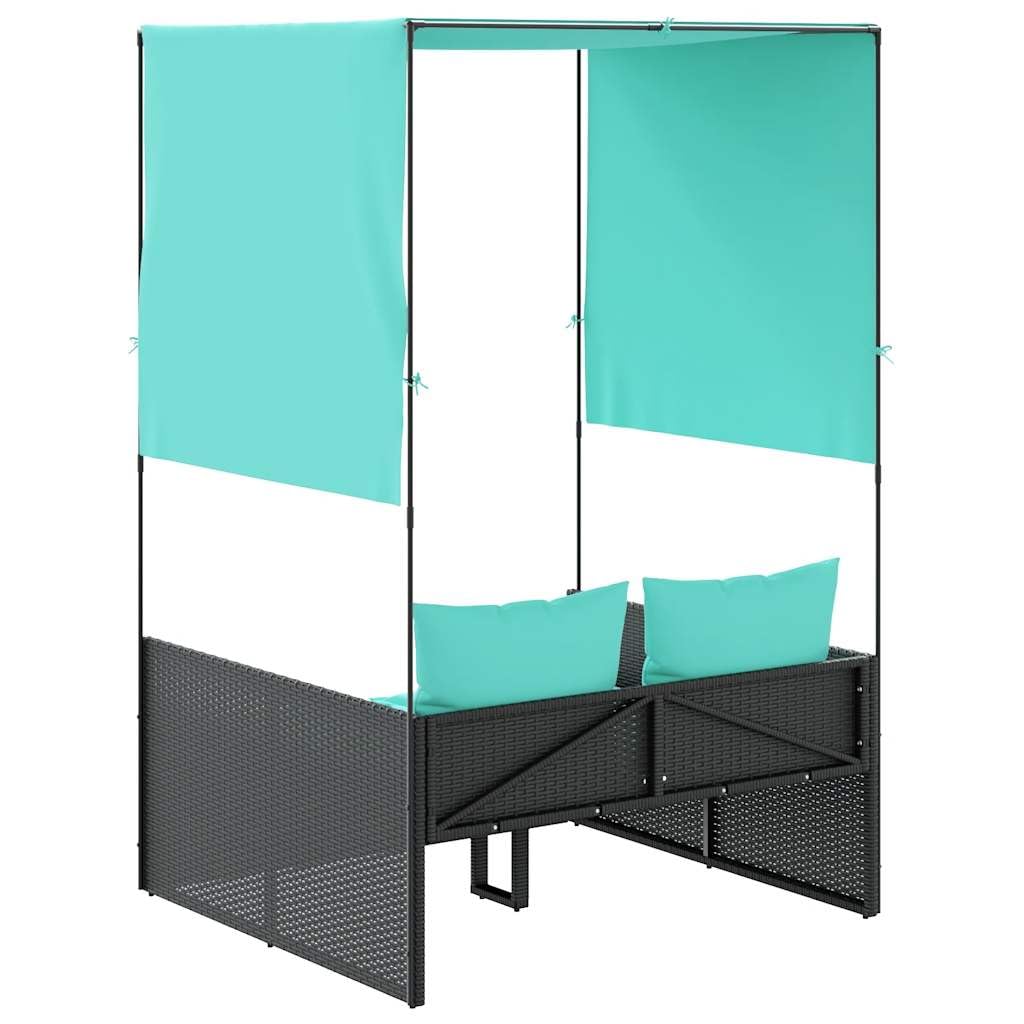 Favemtsl Double Outdoor Lounge Chair Black PE Rattan 17x18.3x29 in with Adjustable Canopy & Privacy Curtains, Removable Cushions, 2-Person Sunlounger for Patio Garden Terrace