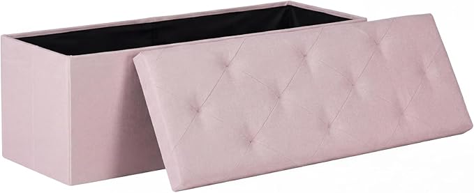 DUMOS 43in Foldable Storage Ottoman Bench, Storage Chest, Large End of Bed Foot Rest Stool with Padded Seat, Bedroom Bench for Living Room, Support 660lbs, Pink