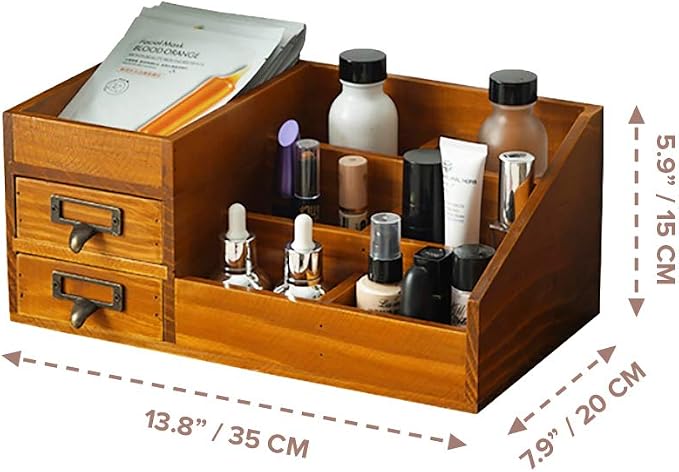 Wooden Farmhouse Makeup Vanity Tray - Rustic Skincare & Perfume Organizer - Bathroom Countertop Storage Box