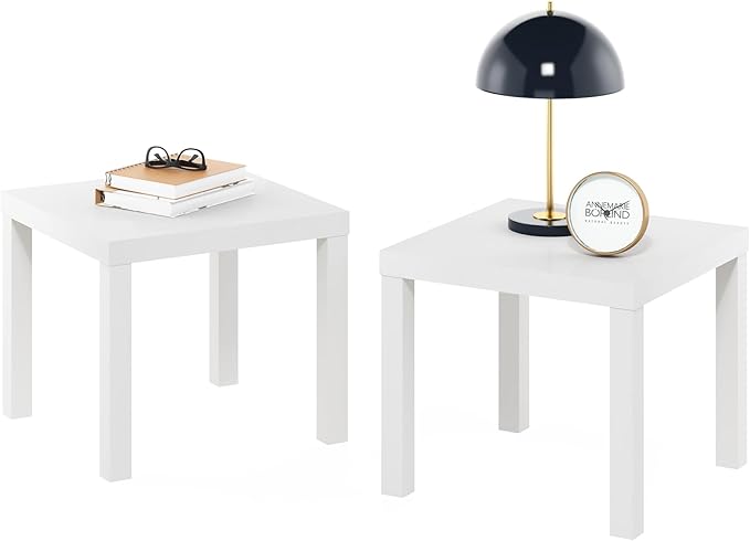 Furinno Classic Toolless Assembly Square Side Table Set of 2, White End Table with 1.8 Thick Tabletop, Night Stand, Bedside Table, for Living Room, Bedroom, Plain White