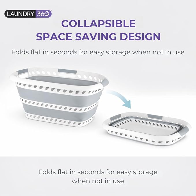 Laundry 360 Collapsible Laundry Basket 40L | Portable | Space Saver Storage | Hold 2 Loads | Store Under the Bed or Closet | Good for Kids | Dorm | Bedroom | Large | White/Grey