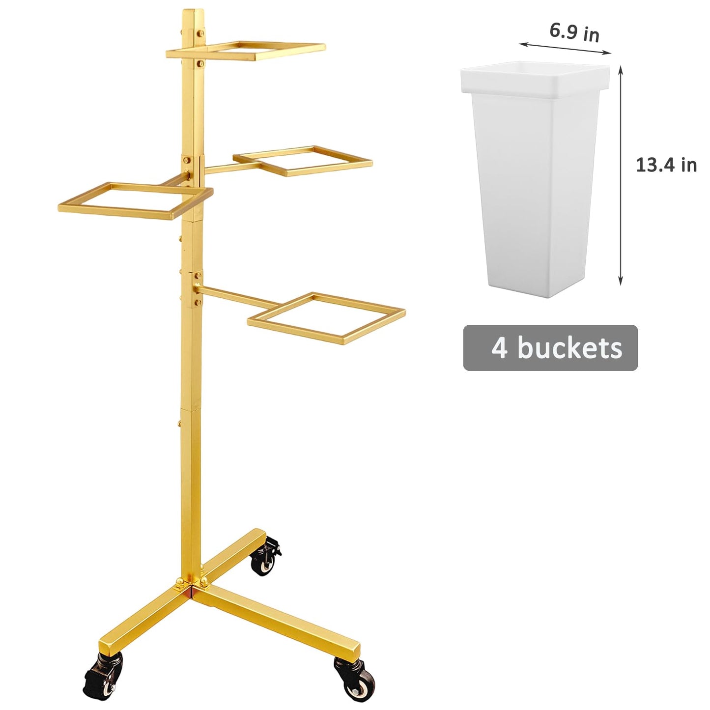 FEFZSFER Flower Display Stand with Buckets - Flower Cart with Wheels for Bouquet Shop, Metal Flower Rack Display Stand for Wedding Garden, Party, Events (Gold, Square buckets)