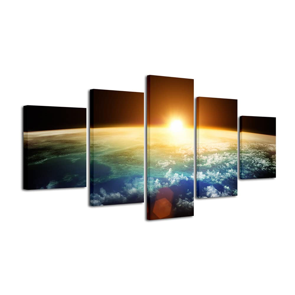 Pyradecor The Earth Large 5 Panels Modern Gallery Wrapped Landscape Canvas Print Space Pictures on Canvas Wall Art Work Ready to Hang for Living Room Bedroom Home Office Decor L