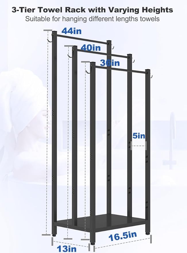 44 Inch Tall Free Standing Towel Rack with Metal Storage Shelf & 6 Hooks for Bathroom, 3 Tiers Heavy Duty Blanket Drying Stand Holder for Outdoor Pool, Bedroom, Living Room, Black