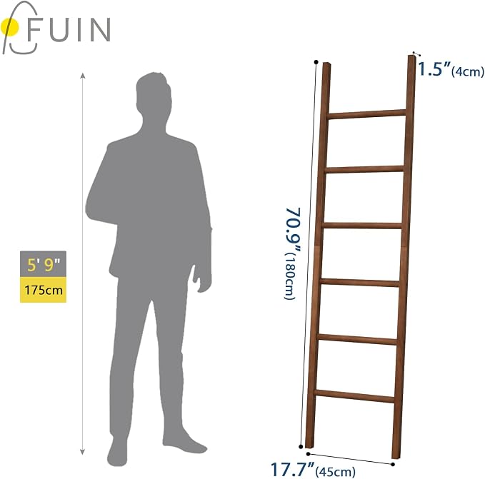 FUIN 6ft Wooden Brown Blanket Ladder Living Room Decorative Wall Leaning Farmhouse Quilt Display Holder Rustic Wood Towel Rack for Bathroom