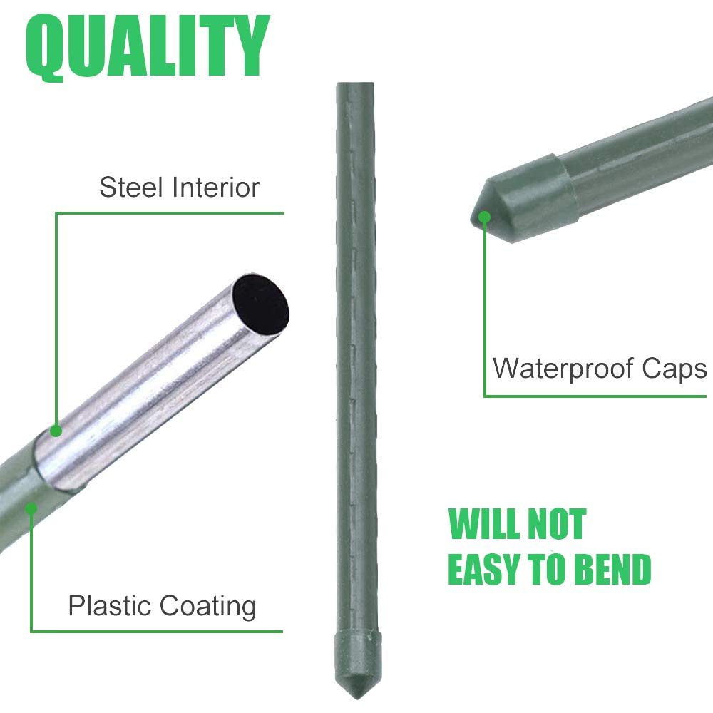 Mininfa Plastic Coated Metal Garden Stakes 57 Inch (Approx 5 FEET), Steel Plant Stakes Supports Climbing for Tomatoes, Trees, Beans, 25 Pack