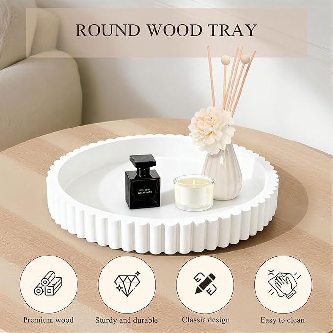 Decorative Tray for Coffee Table Decor, 11" Round Wooden Coffee Table Tray, Modern Decorative Trays for Home Decor, Living Room, Entry, Dining Room (White)