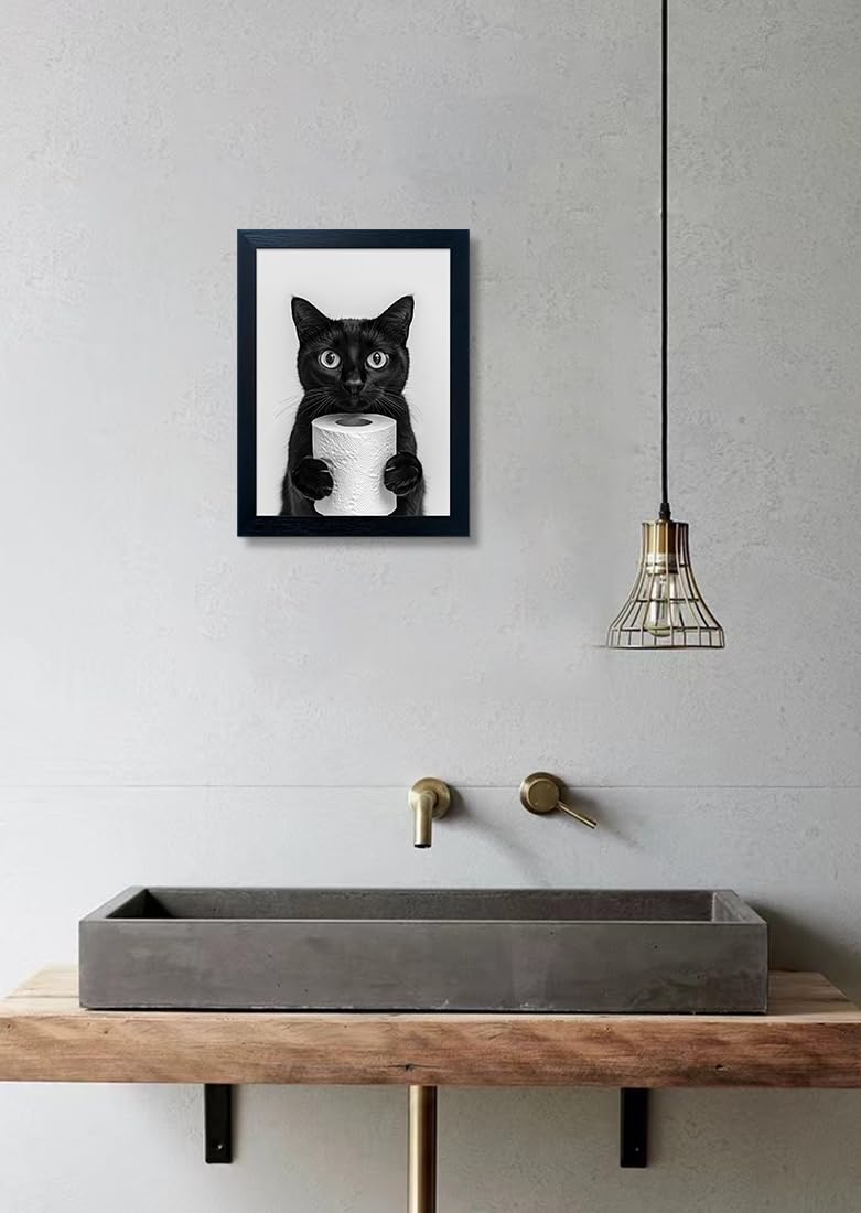 Framed Funny Black Cat Holding Toilet Paper Roll Canvas Print Poster Black and White Bathroom Wall Art Animal Painting Bathroom Pictures Wall Decor