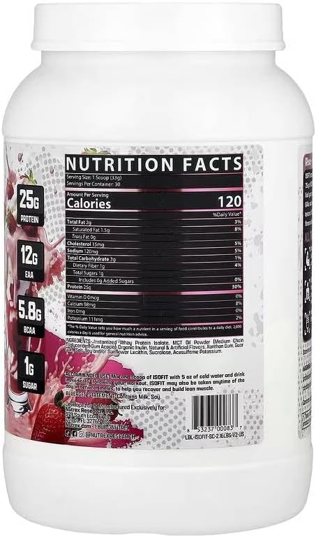Nutrex Research IsoFit Whey Protein Powder Instantized 100% Whey Protein Isolate (30 Servings (Pack of 1), Strawberries & Cream)