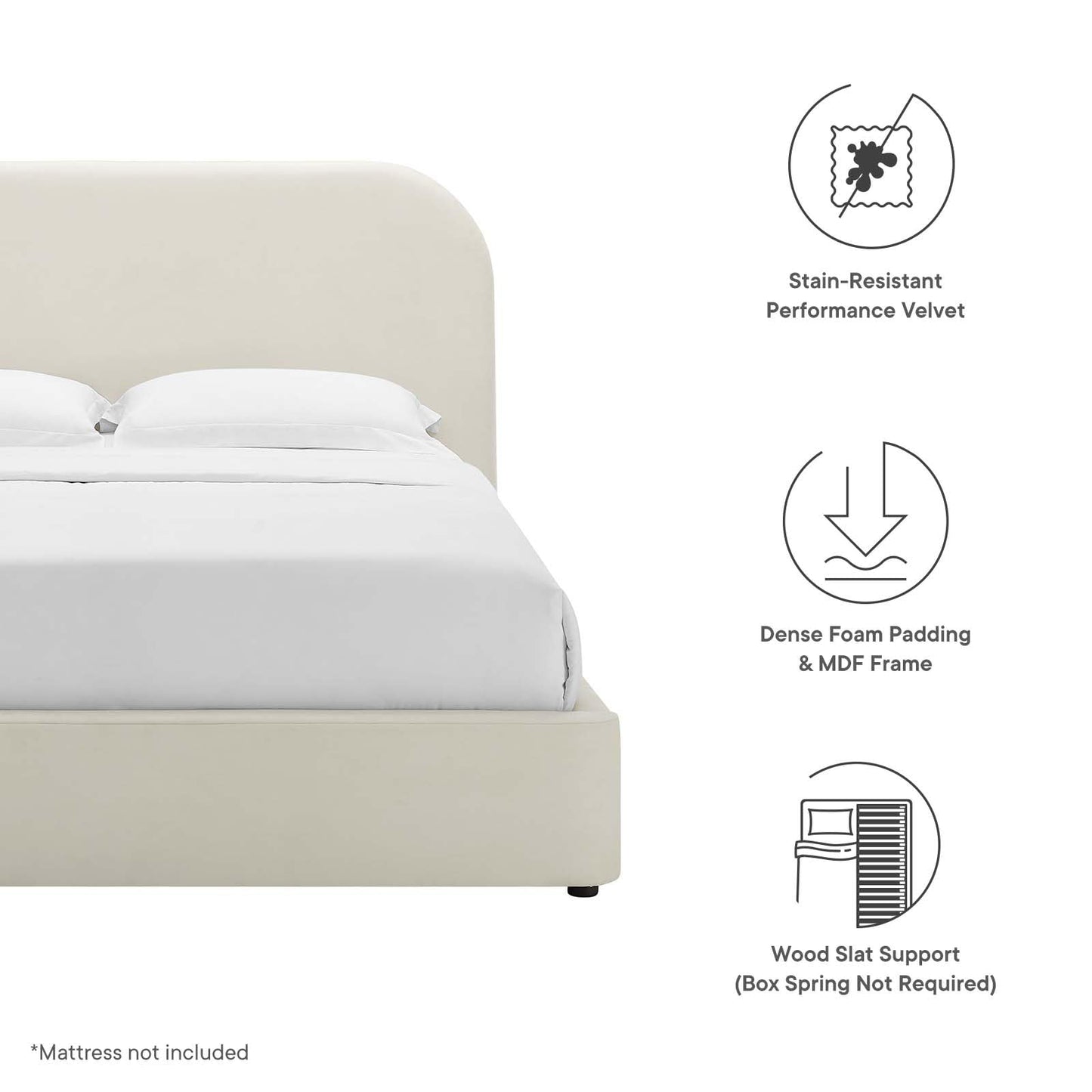 Modway Keynote Modern King Size Bed Frame with Curve Shaped Headboard in Alabaster, Upholstered Performance Velvet King Platform Bed, Soft Cloud Bed Frame, No Box Spring Needed