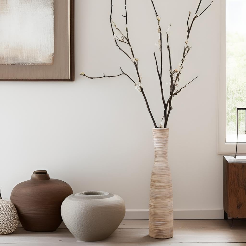 ALMA 16" Tall Floor Vase for Pampas Grass,White Brown Ceramic Centerpiece for Dresser, Skinny Pampas Grass Vessel for Floor, Entryway Table, Fireplace Decor