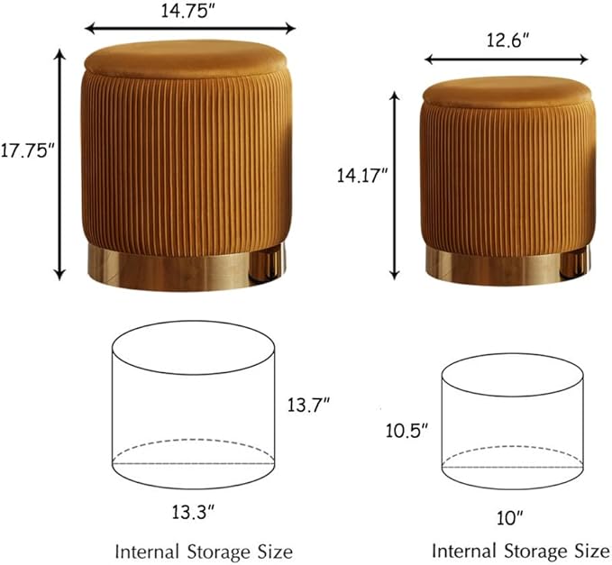 Round Ottoman with Storage Set of 2 Small Ottoman Coffee Table, Vanity Chair Foot Stool, Removable Lid, Hidden Storage, for Living Room, Bedroom, Hallway, Assembly Free (Orange)