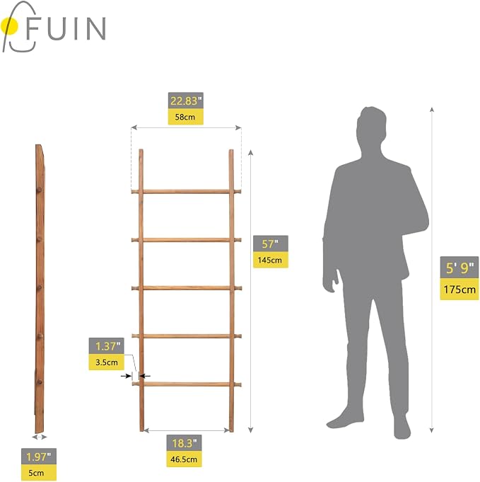 FUIN 57in Wood Blanket Ladder Living Room Decorative Wall Leaning Farmhouse Quilt Display Holder Rustic Wooden Towel Rack for Bathroom, Light Brown