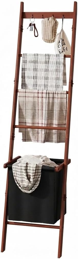 BAMBANG Bamboo Blanket Ladder with Basket, 5-Tier Quilt Rack Stand with 4 Hooks & Storage Hamper for Living Room Bathroom, Wall Leaning Decorative Ladder Shelf for Blankets Display (Brown)