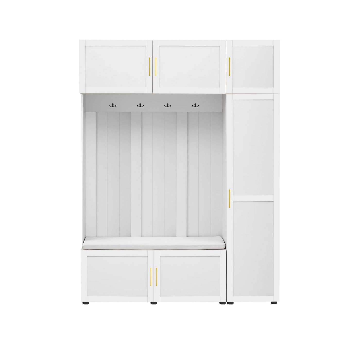 Merax 4-in-1 Hall Tree with Padded Bench, Coat Hooks, and Multi-Tier Storage Shelves – American Style Entryway Organizer for Shoes, Bags, Hats, and Daily Essentials, White