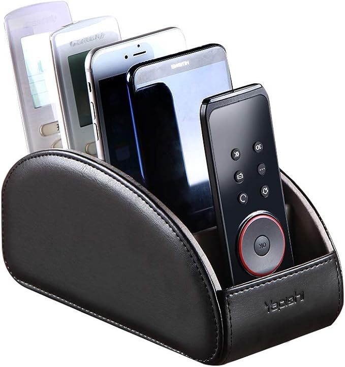 YAPISHI Large Leather TV Remote Control Holder Organizer Black with 5 Compartments Nightstand Desktop Media DVD Player Remote Tray Caddy Storage Box for Mobile Phone Pen Office Stationery Controllers