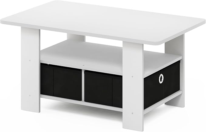 Furinno Andrey Coffee Table, Small Modern Center Table with Storage and Bin Drawer, Side Table for Living Room, Bedroom, Home Office, White