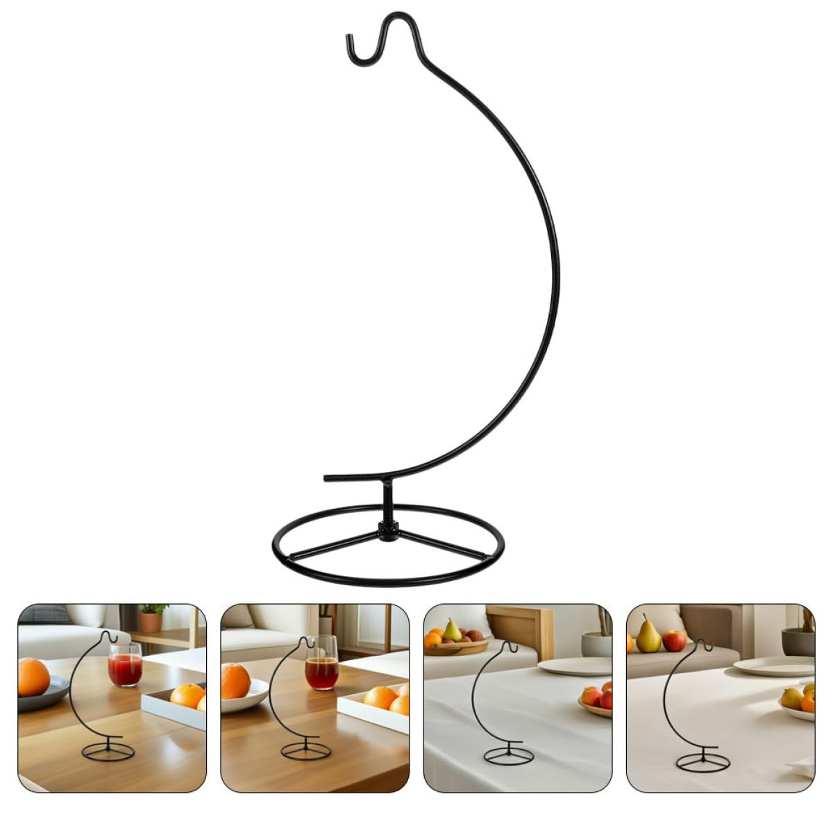 CONGARTENO Iron Hook Rack and Air Plant Planter Holder, 2Pcs Moon-Shaped Hanging Stand with Glass Ball Holder, Black Iron Pot Hanger for Home Décor and Indoor Plant Display