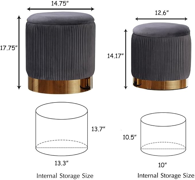 YYW HOME Gray Round Ottoman with Storage Set of 2 | Large storage capacity, Removable Lid, Used for Vanity Stoo,l Assemble Free, Nesting Packing