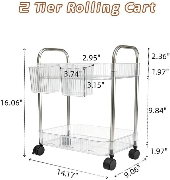 2 Tier Utility Rolling Cart with Wheels Sofa Side Table Small Under Desk Storage Organizer, Clear Acrylic Plastic Mobile Trolley Organization Storage Cart for Kitchen Pantry Bathroom Vanity