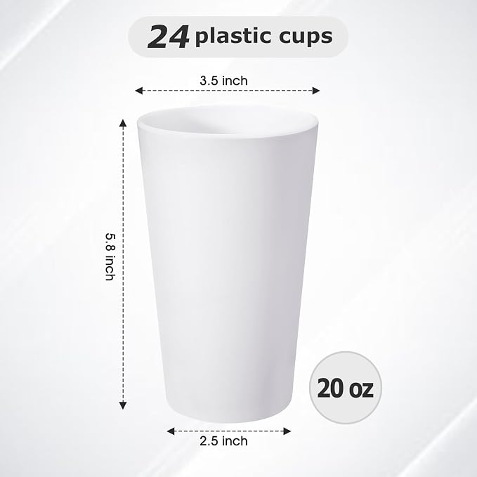 HEYCOME 24 Pcs Unbreakable Plastic Cups Set, 20 oz Reusable Plastic Cups, Stackable Water Tumblers, Drinking Cup for Kitchen, Outdoor, BPA-free, Dishwasher Refrigerator and Microwave Safe, White