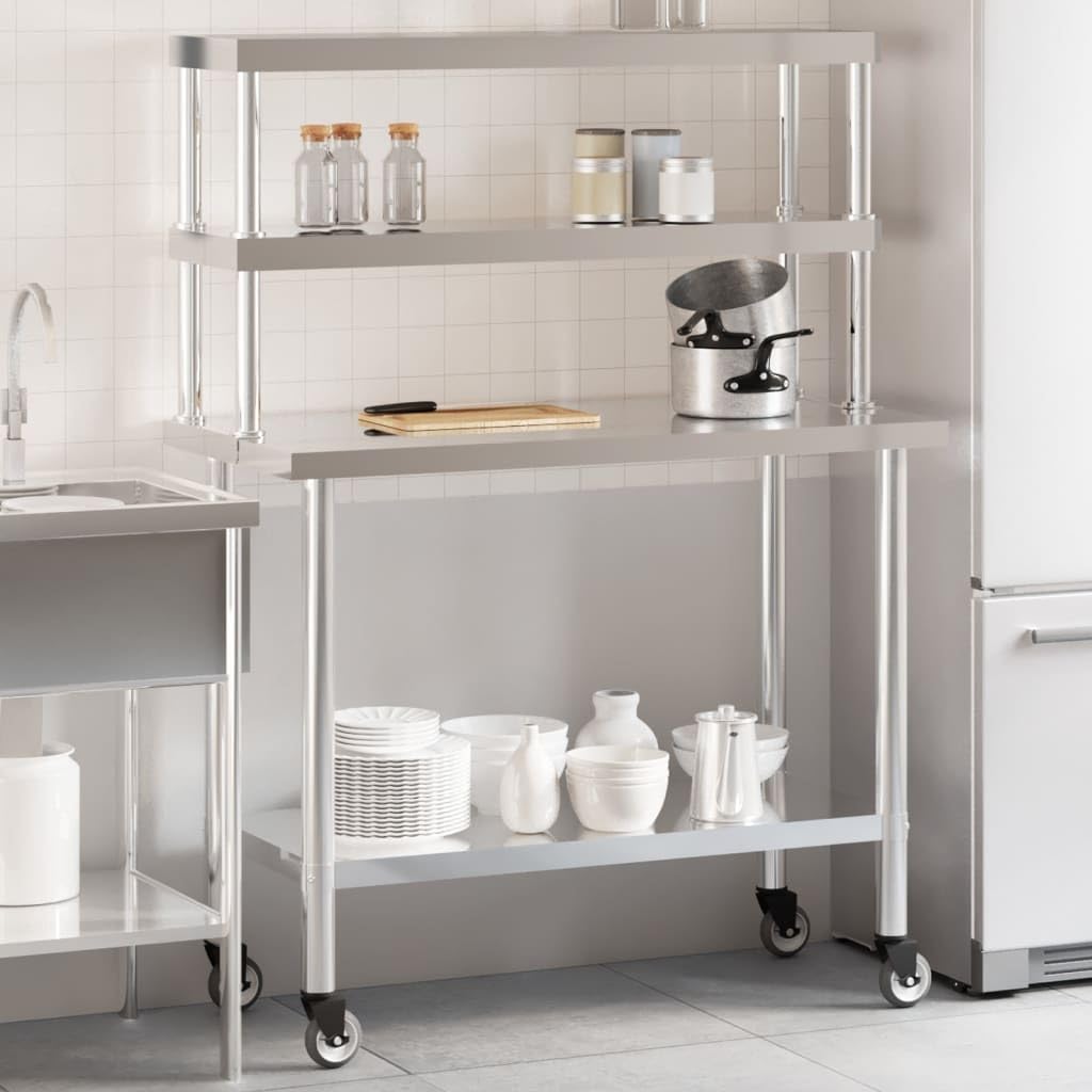 ZXQVLMRS Stainless Steel Kitchen Prep Table with Overshelf, Rolling Work Station with Wheels, Commercial Food Preparation Table for Restaurant Home Catering 43.3 x 21.7 x 59.1 Inches
