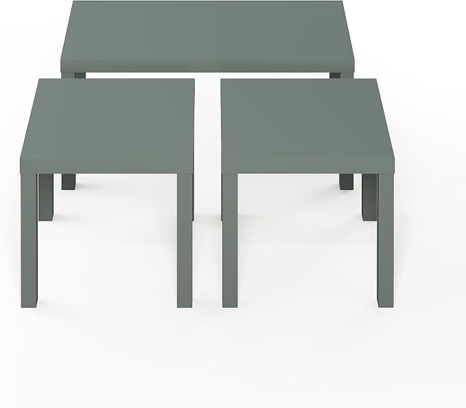 Furinno Classic Living Room Table Set of 3, Modern Rectangle Coffee Table with 2 Square Side Tables, End Tables, 1.8 Inch Thick Tabletop for Living Room, Home Office, Sage Green