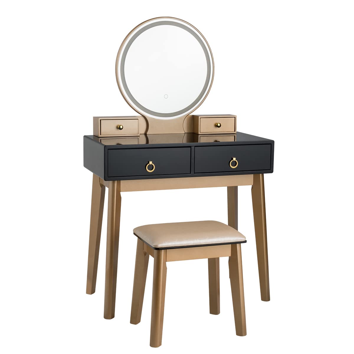 AUGESTER Vanity Set Touch LED Mirror, Dressing Table w/ Brightness Adjustable & 3 Hues Mirror, 4 Sliding Drawers, Well-Padded Stool, Modern Bedroom Makeup Vanity Set Women Girls, Black,white,navy