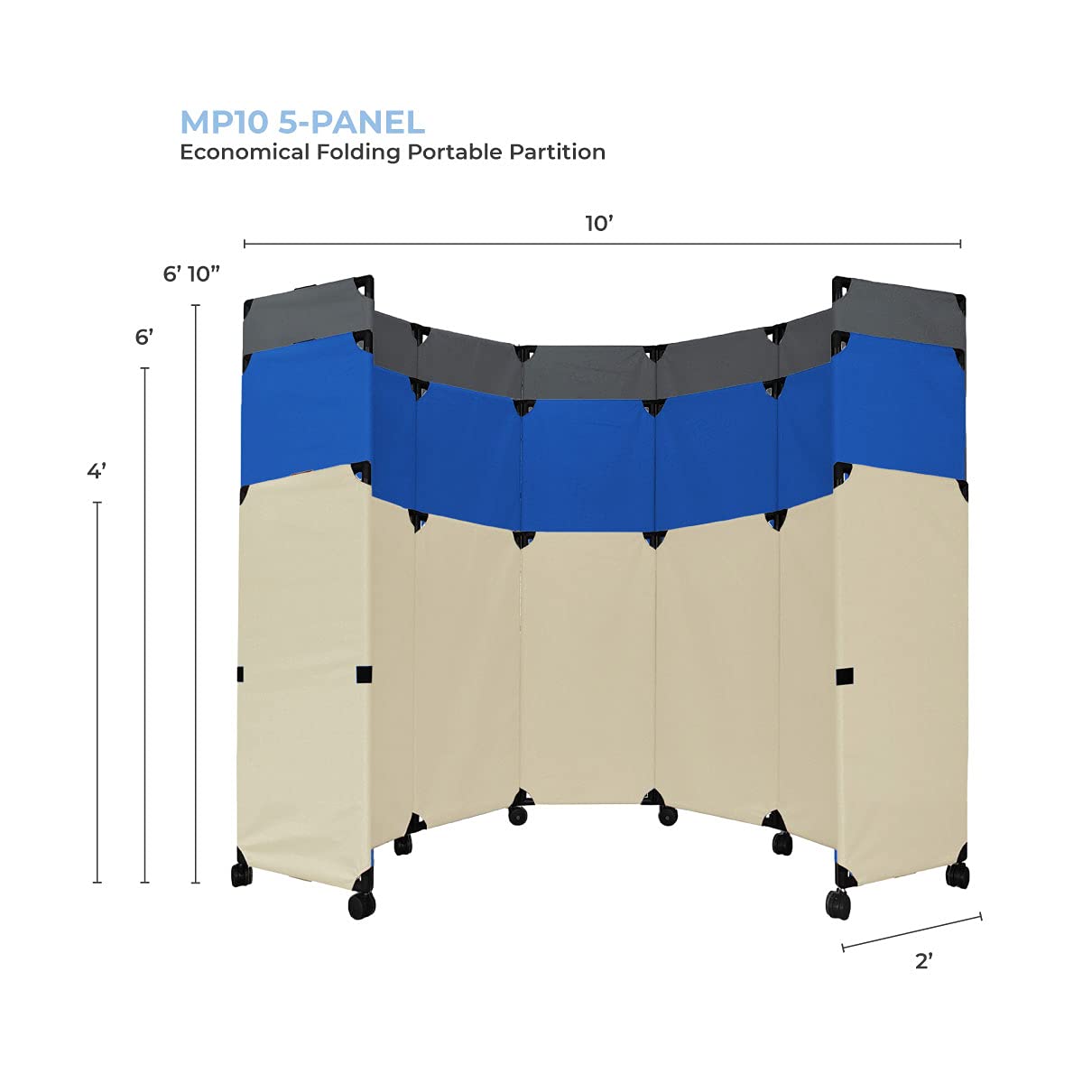 Versare MP10H Portable Folding Wall Partition | Economical 5 Panel Design | Portable Room Divider On Wheels | Adjustable, Freestanding Setup | Multiple Widths