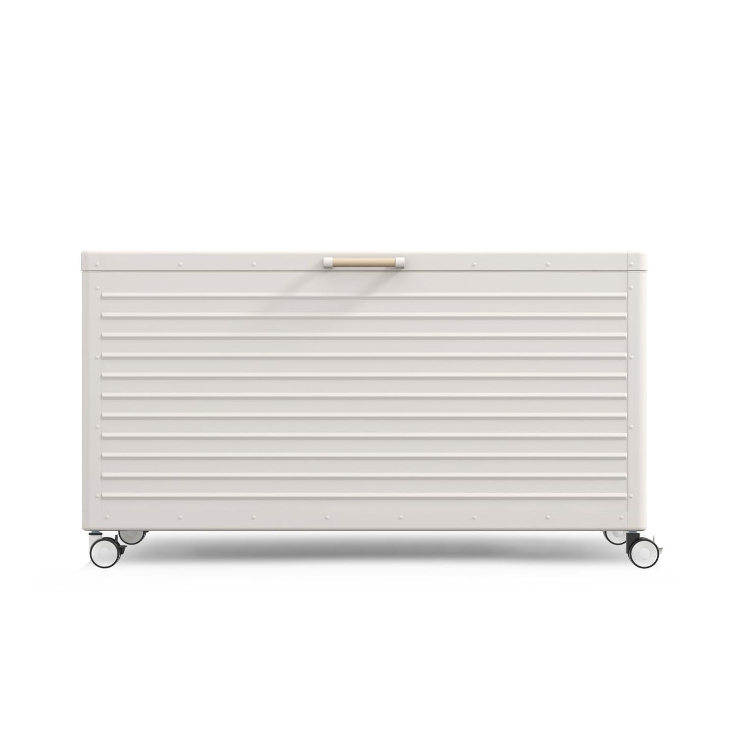 MIRADOR 175 Gallon Outdoor Storage Box with Wheels & Soft-Close Lid, Waterproof Metal Deck Box for Patio Cushions, Garden Tools & Pool Accessories, Latte