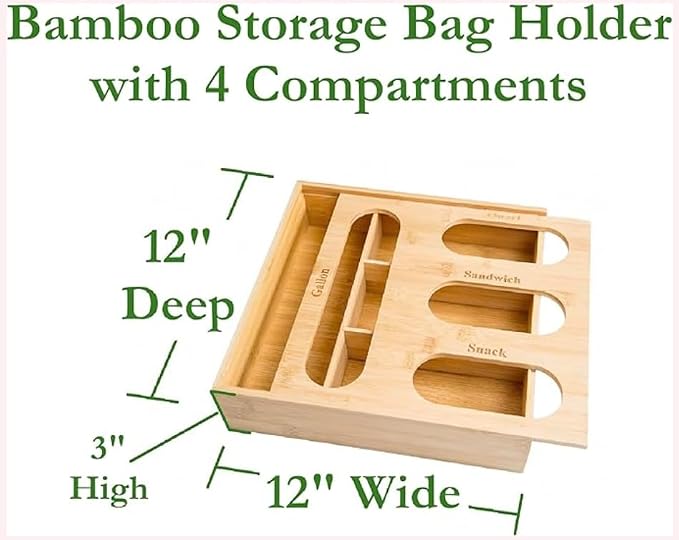Lipper International Bamboo Storage Bag Organizer Holder and Dispenser for Kitchen Drawer or Countertop, 4 Compartment Sizes