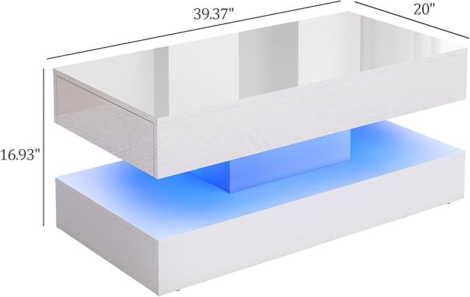 Uspeedy 39.37in Large High Glossy LED Coffee Table with 2 Storage Drawers,Black/White Modern Coffee Tables for Living Room,Living Room Tables,APP LED Lights (White)