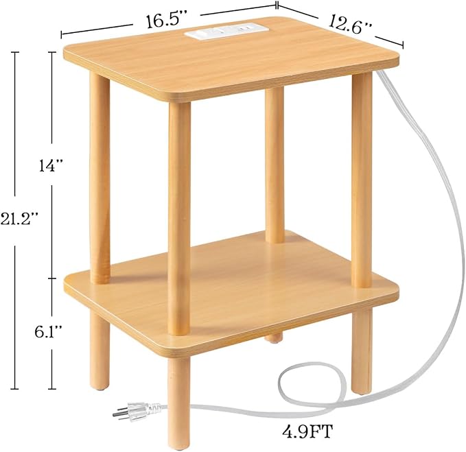 FORAOFUR End Table with Charging Station, Small Tables for Small Spaces in Living Room, Bedroom &Office, Nightstand Bedside Table with Solid Wood Legs, No Assembly Required