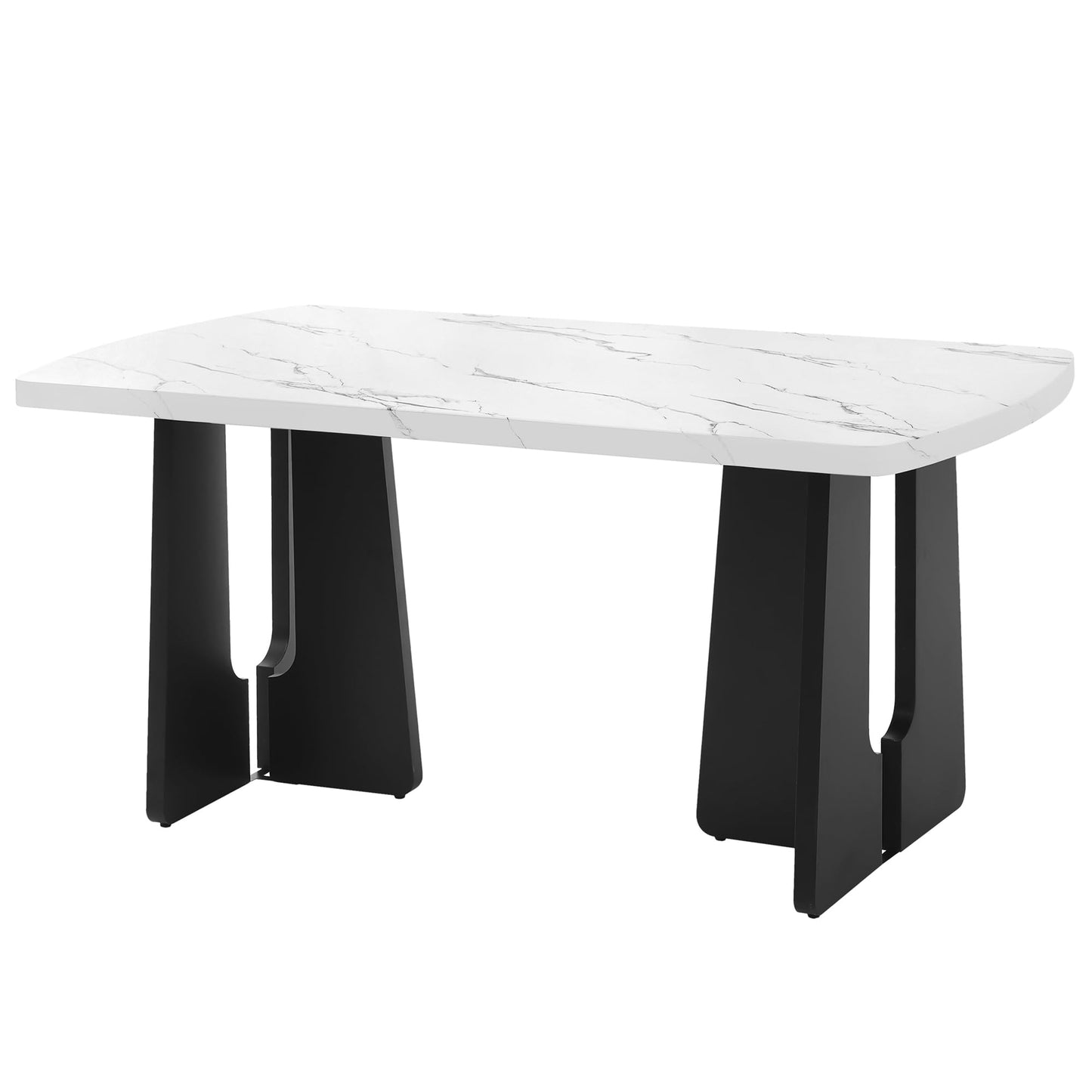 63" Faux Marble Dining Table for 6-8, Rectangular Kitchen Table with Unique Base, MDF Marble Look Top with Rubber Wood Legs, Sturdy Modern Dining Room Table for Home Kitchen, Black & White